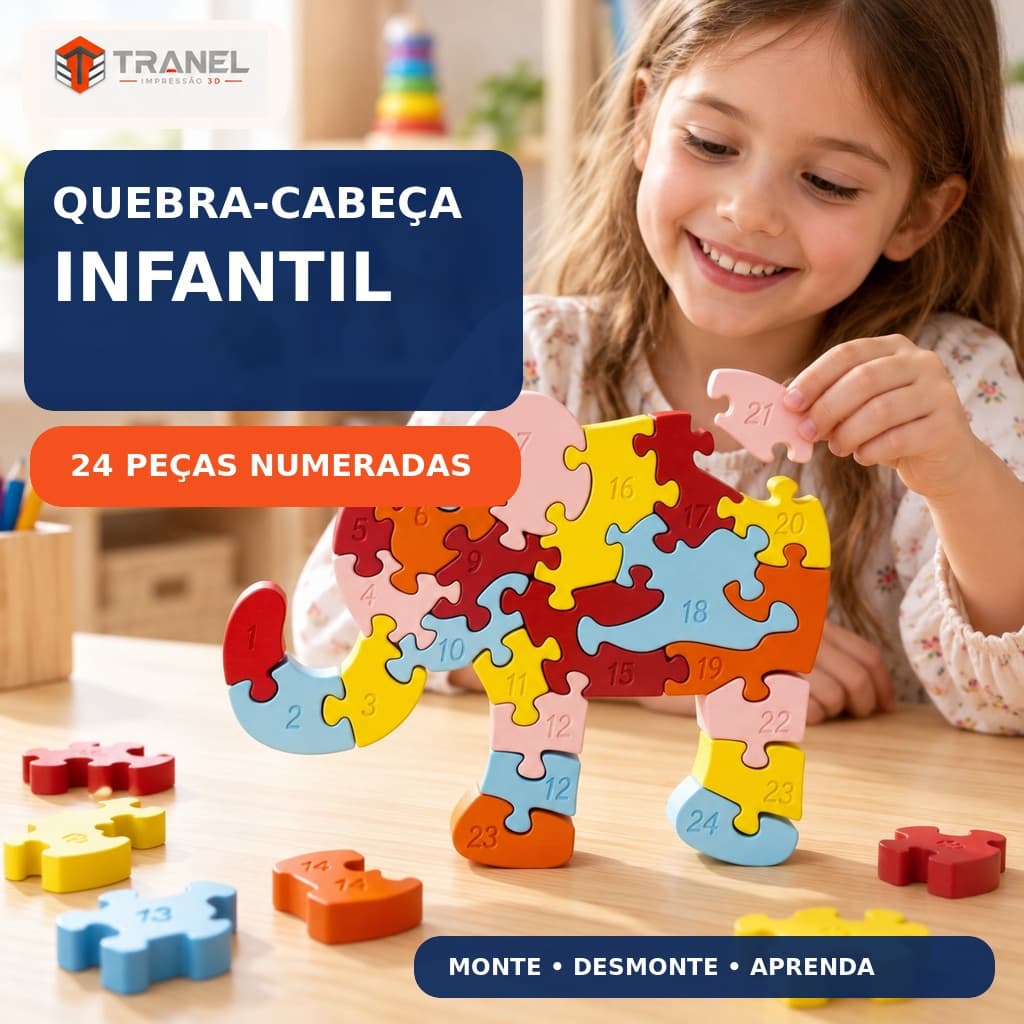 Quebra-Cabeça 3D Infantil Elefante Montável 24 Peças Numeradas Brinquedo Educativo Encaixe Colorido Tranel