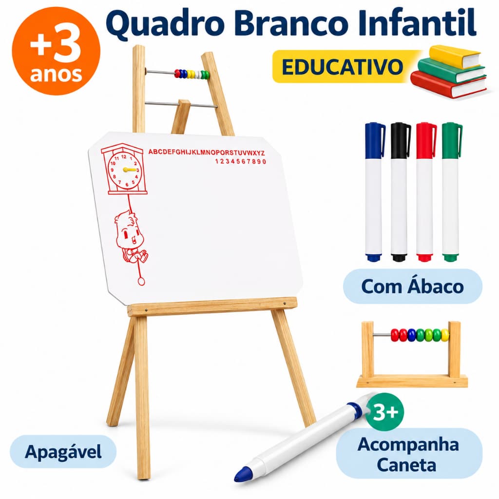 Lousa Quadro Branco Infantil Com Cavalete + 4 Canetas + Apagador