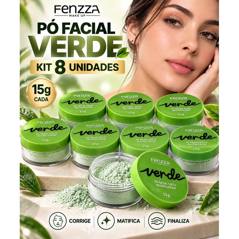 Kit 8 Pó Facial Solto Verde Neutralizador Fenzza 15g – Corrige Vermelhidão e Matifica