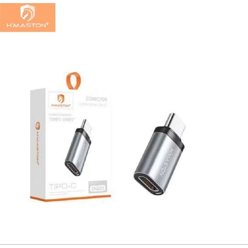 Adaptador H'maston ZHQ26,conector entrada Lightning (macho) e saída Tipo-C (fêmea).