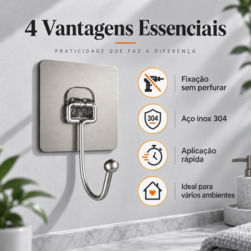5 Ganchos Adesivos Inox – Suporte de Parede 10 kg Multifuncional para Cozinha, Banheiro e Quarto