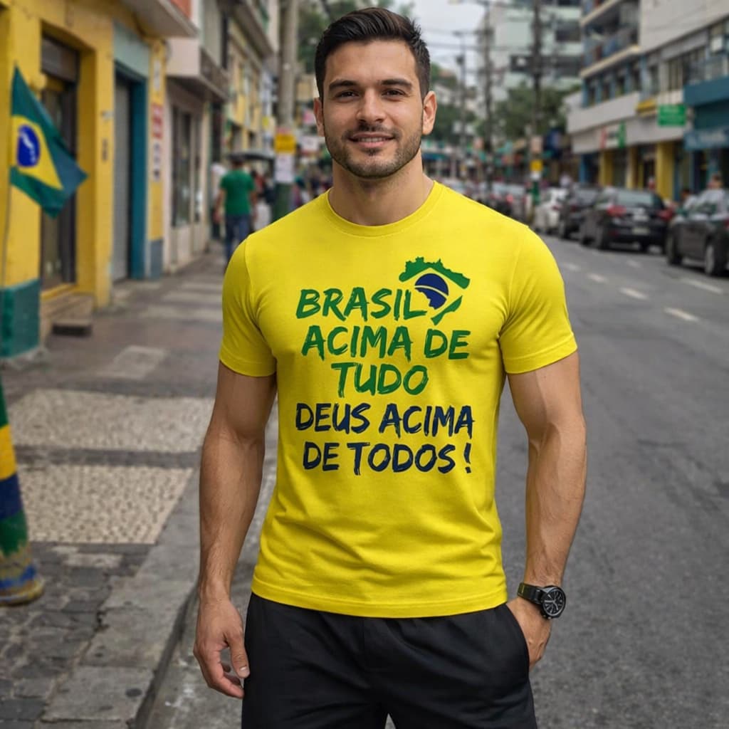 Camiseta Brasil Acima De Tudo Deus Acima De Todos Masculina Patriota Copa Do Mundo Brasil Premium