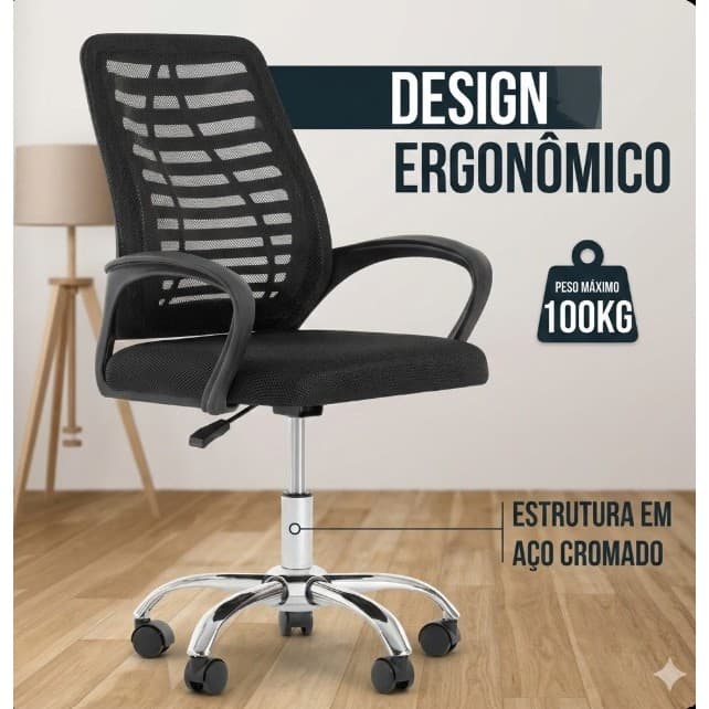 Cadeira Escritório Ergonômica Mesh Preta Giratória Confortável Oferta