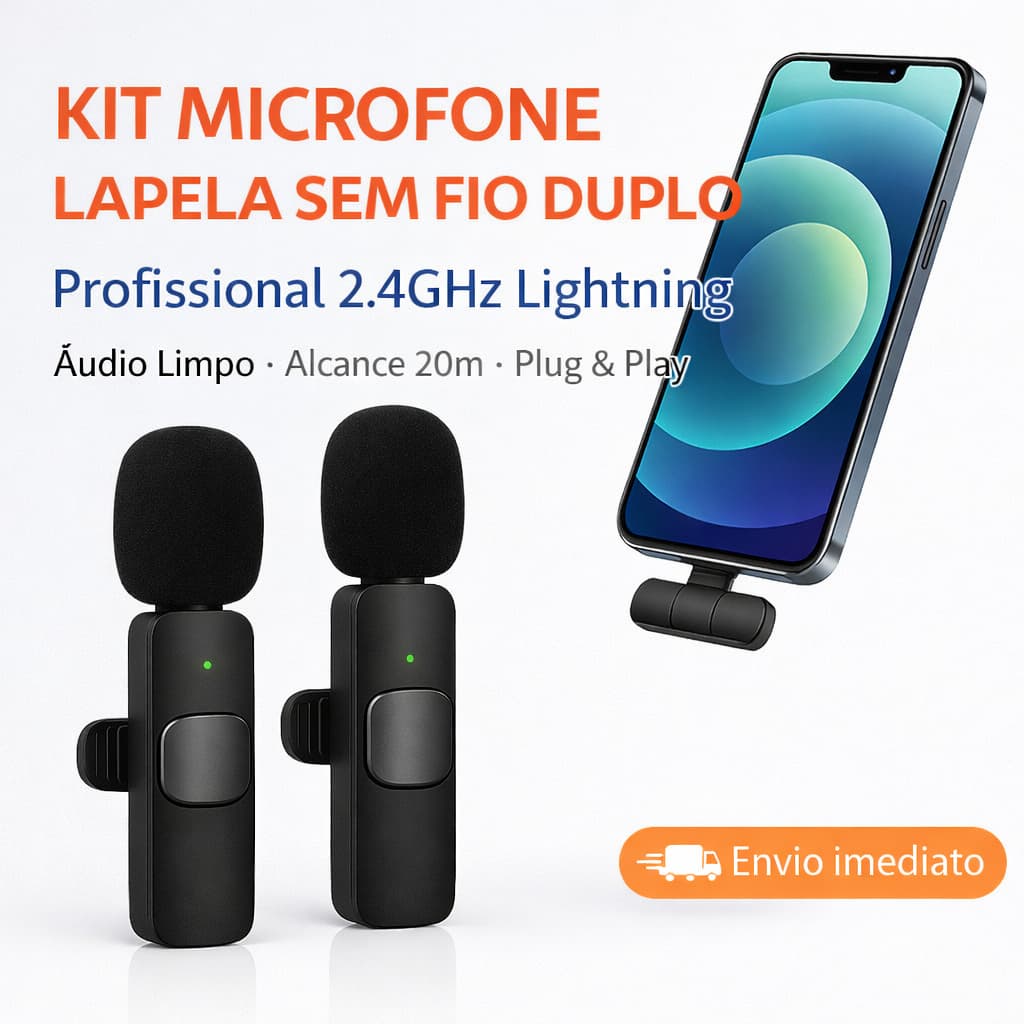 Microfone De Lapela Duplo Sem Fio Duplo Lightning iPhone iPad 20m 2.4GHz Para Live e Gravação