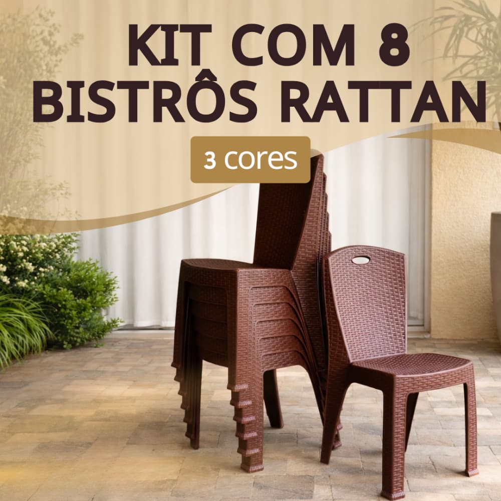 Kit 8 Bistrô Rattan Cadeiras Reforçada Empilhável Escritório Varanda Piscina Salão Área Lazer