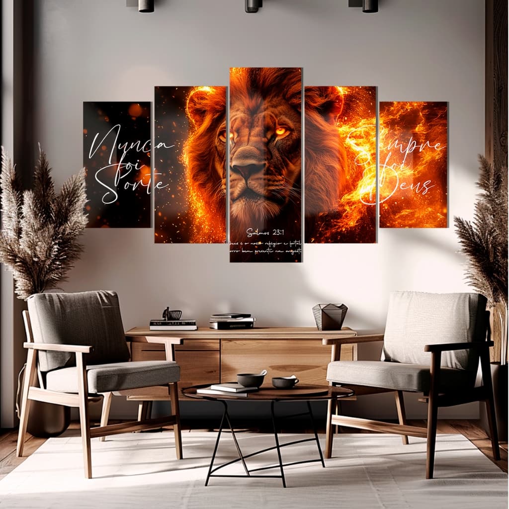 Quadro Mosaico 5 Peças Leão de Judá em Chamas Fé e Fogo