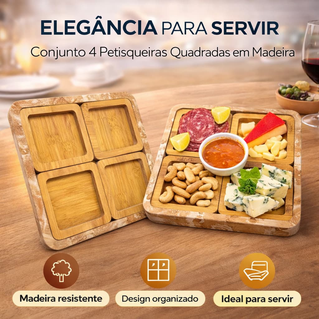 Conjunto 4 Petisqueiras Quadradas Madeira Design Elegante Servir Aperitivos Organizador Casa