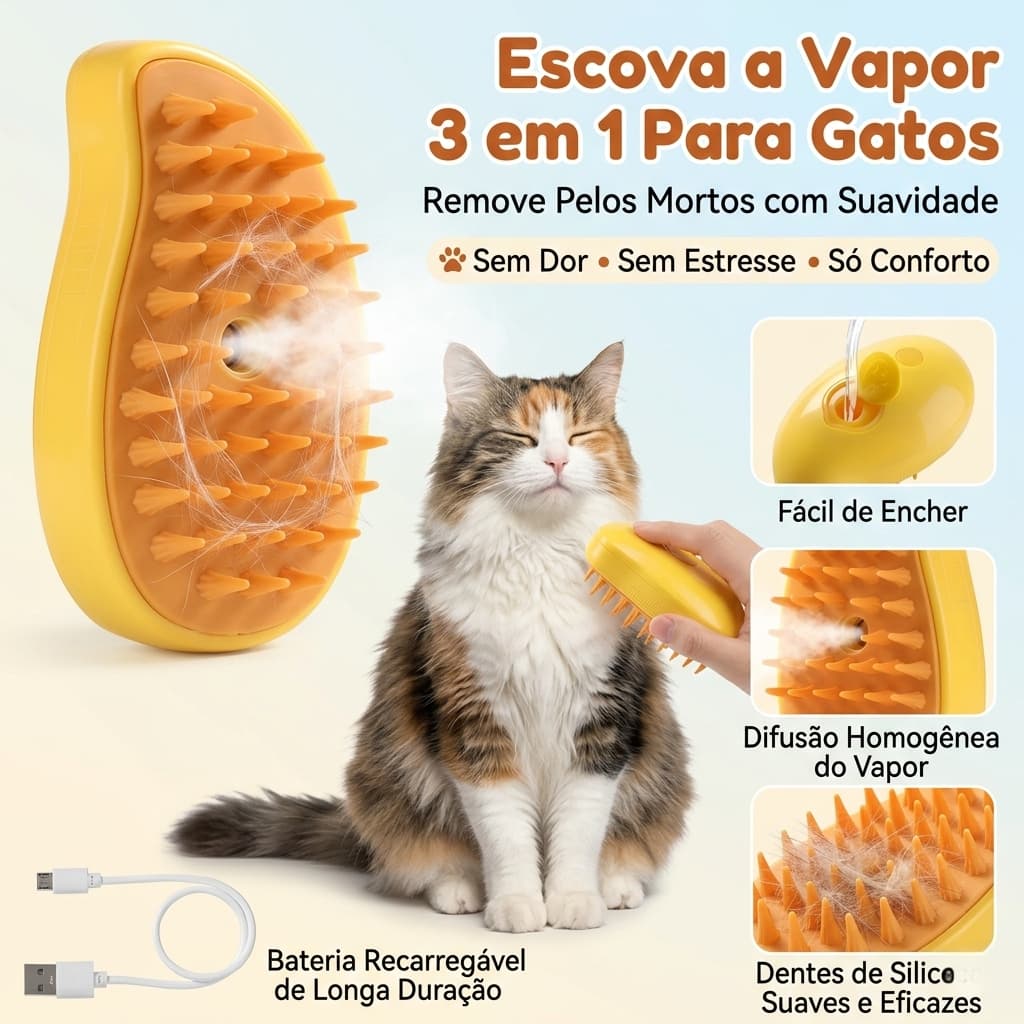 Escova a Vapor 3 em 1 Para Gatos – Remove Pelos Mortos com Suavidade e Conforto
