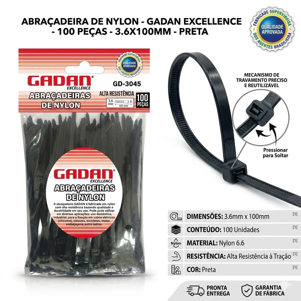 ABRAÇADEIRA DE NYLON - 3.6X100MM C/ 100UN. PRETA - GADAN - Resistente Profissional