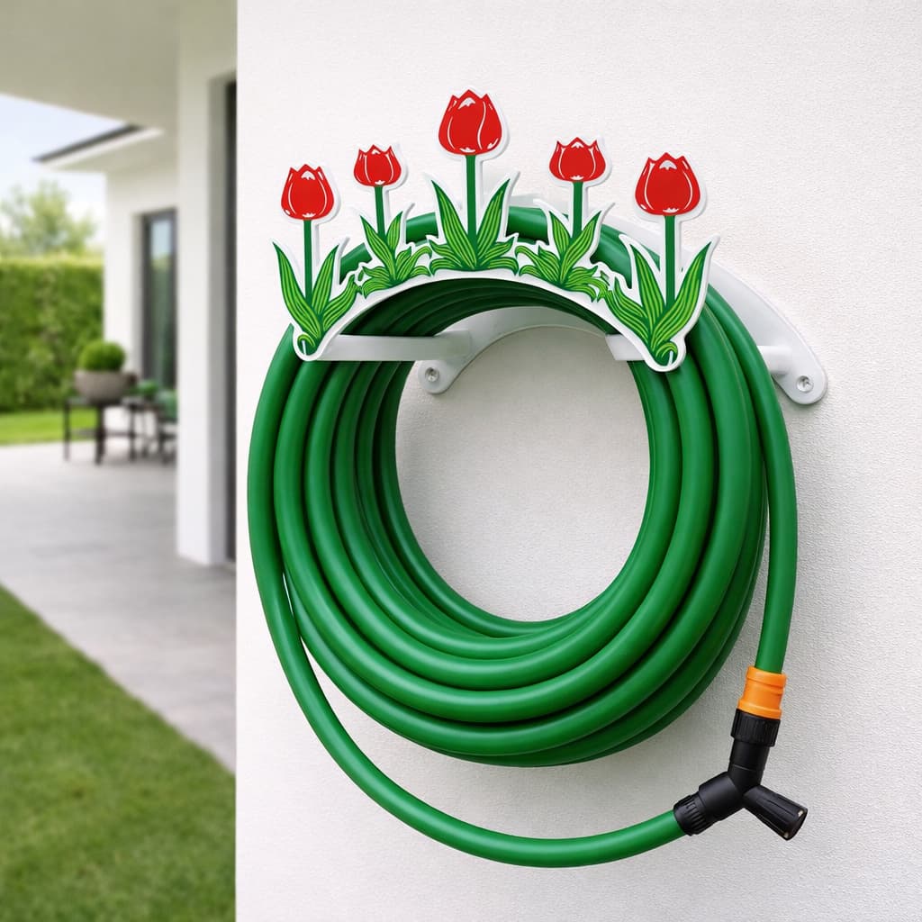 Suporte Para Mangueira Enrolador Em Aço Carbono Jardim Quintal Modelo Tulipa Colorida Base Branca