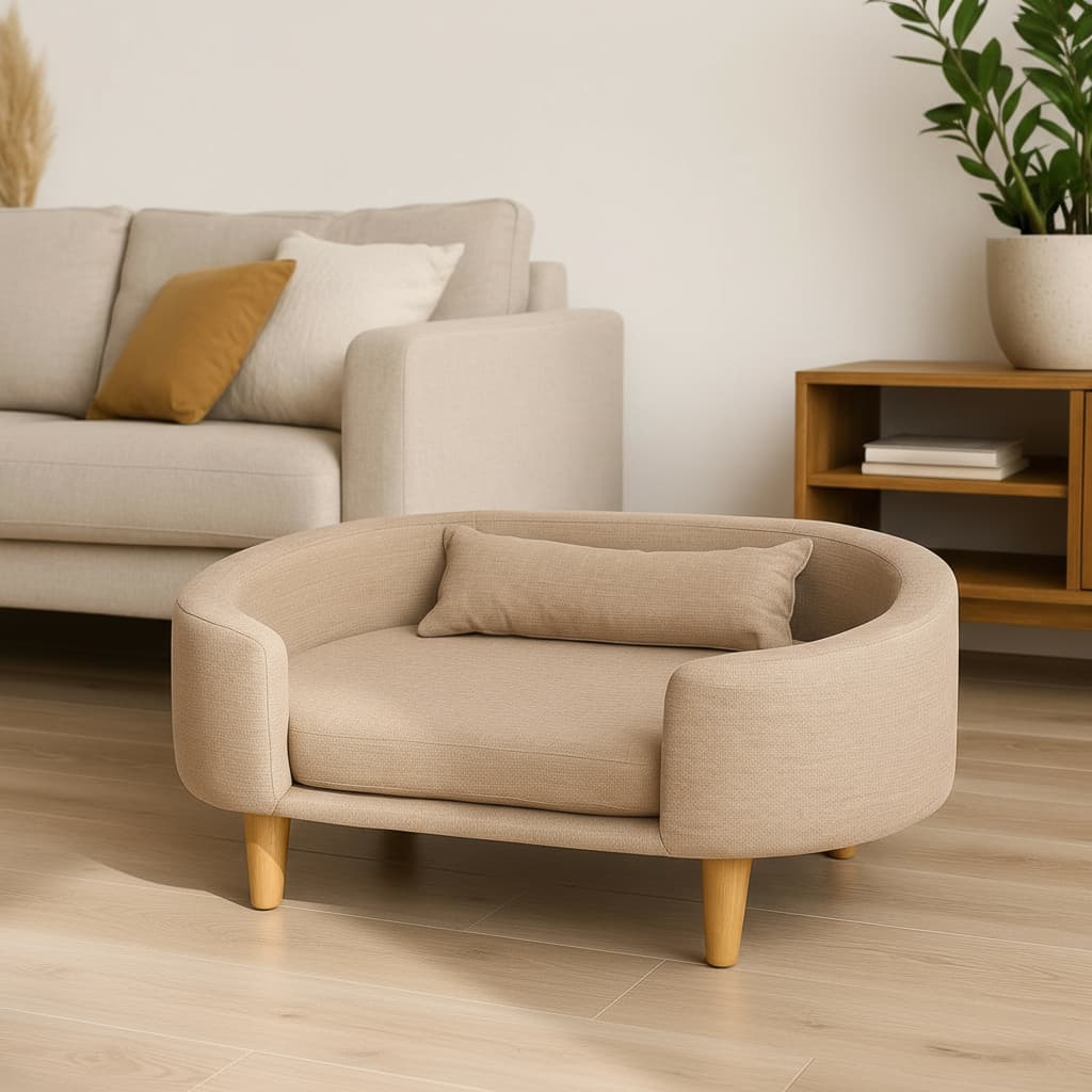 Cama Pet Luxo Tipo Poltrona Dior Linho Bege Com Almofada Sofá Para Cachorro Gato Conforto Premium