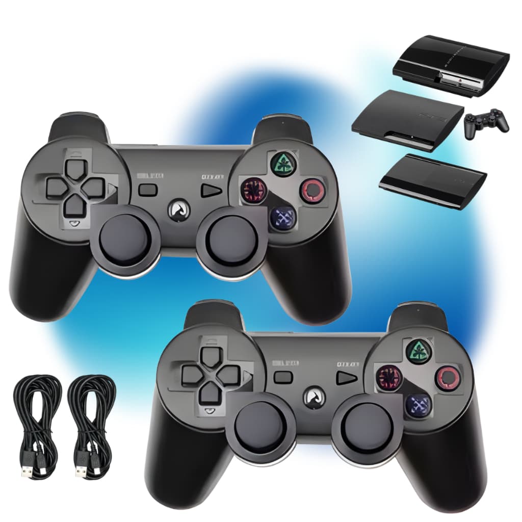 Kit 2 Controle Joystick Para P3 Ps3 Black + Cabo Carregador