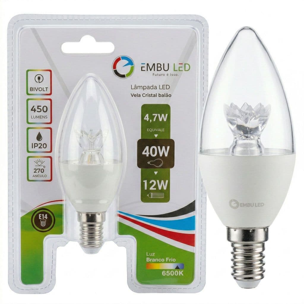 Lâmpada Led Vela Balão Cristal Para Sala Decoração Lustre e Pendente E14  4,7W 6500K Bivolt
