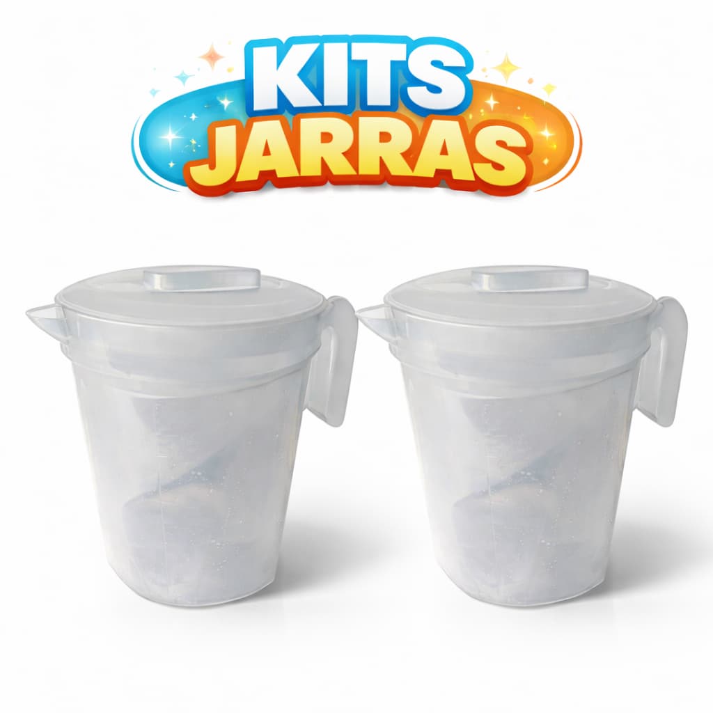 Kit Jarras Plástico Transparente 1,8 Litros Suco Bebidas Resistente Tampa Alça Cozinha Escritorio