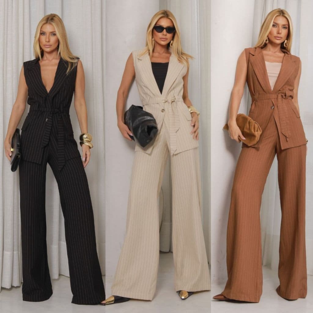 Conjunto Feminino Social Alfaiataria Risca de Giz Colete Oversized e Calça Pantalona Elegante