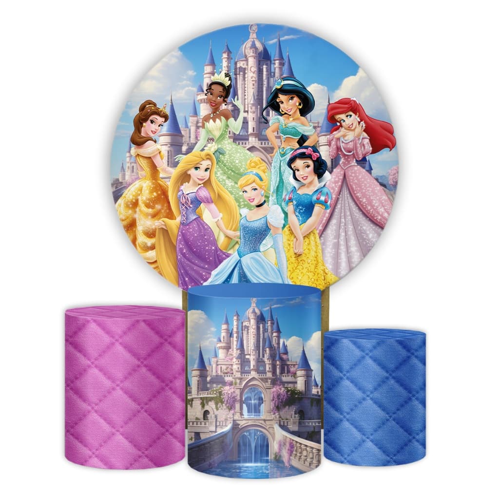 Kit Capa Painel + Capas Cilindros Decoração de Aniversário Princesas Pegue Monte Veste Fácil