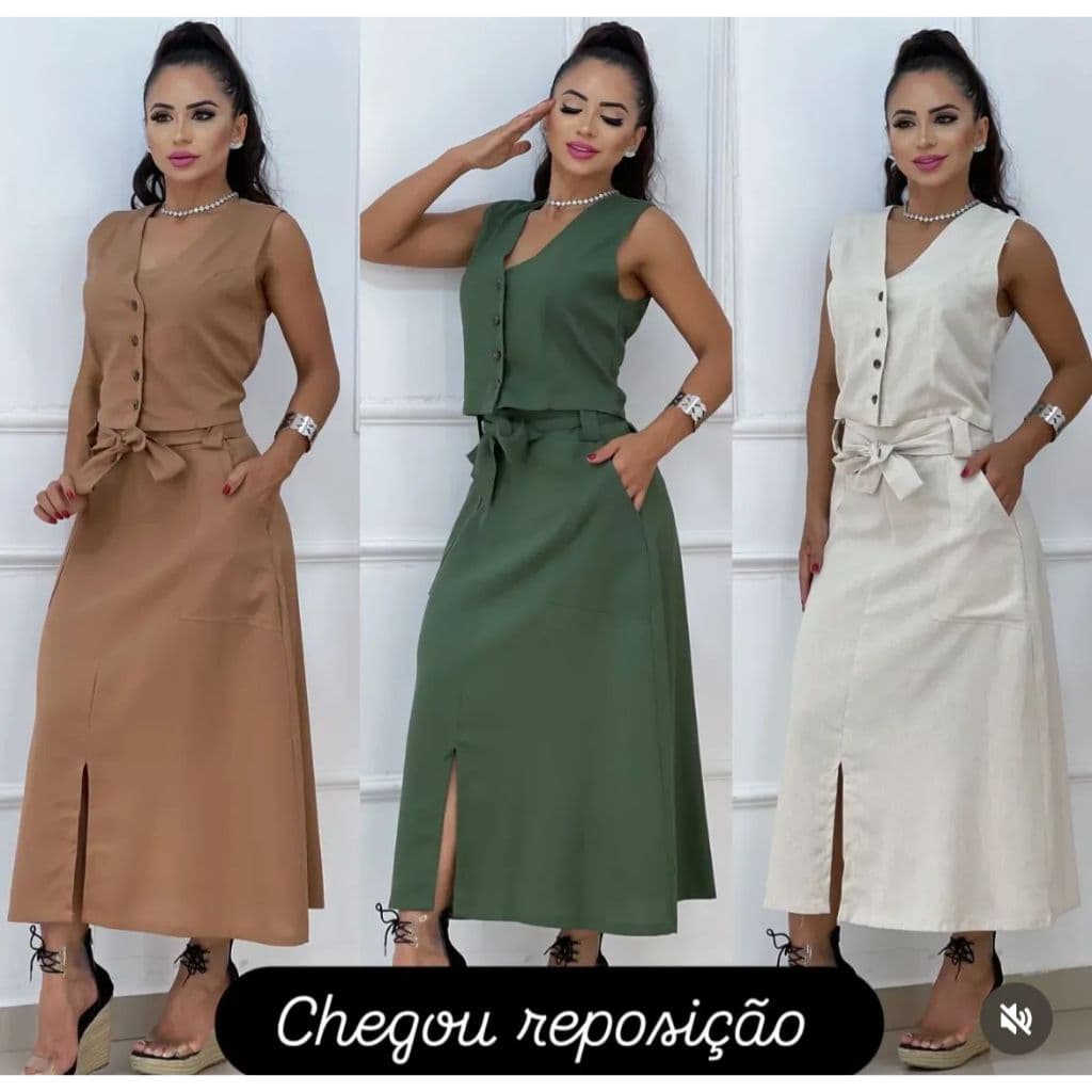 Conjunto em linho elegante com botões, saia e blusa com bolsos e fenda frontal