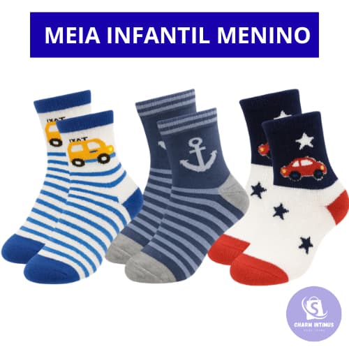 Kit Pares De Meias Infantil Menino Cano Alto Anatômica Estampa Antiderrapante