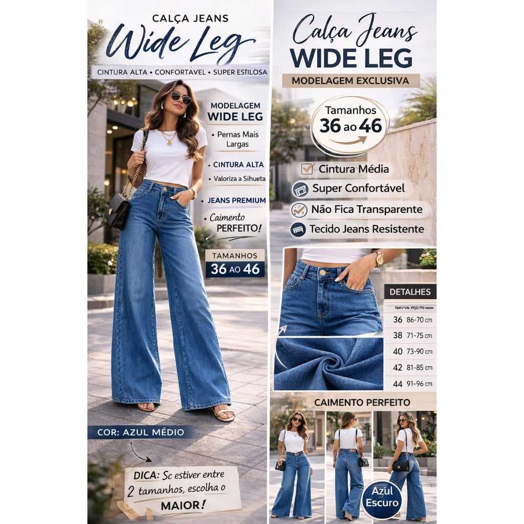 Calça Jeans Wide Leg Feminina Cintura Alta Perna Larga 36 ao 46 + Wide Leg + Jeans Feminino + Confortável + Cintura alta