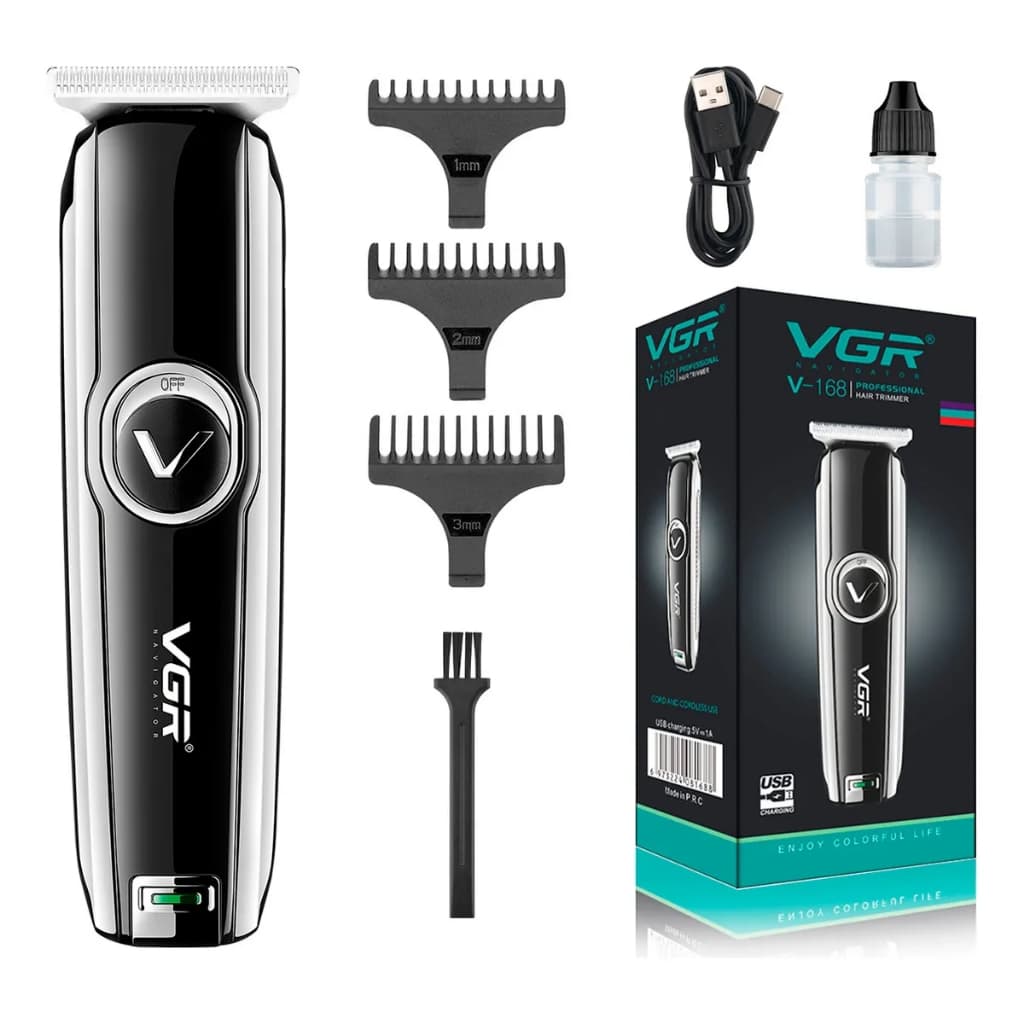 VGR Voyager Máquina de Cortar Cabelo e Barba Profissional Recarregável USB Aço Inox Preta OIV-168