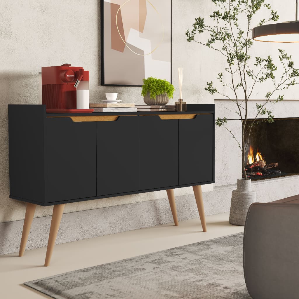 Buffet Aparador 4 Portas 108cm Pés Palito 2 Prateleiras 74cm Altura Design Moderno Bordas Arredondadas Mobishop