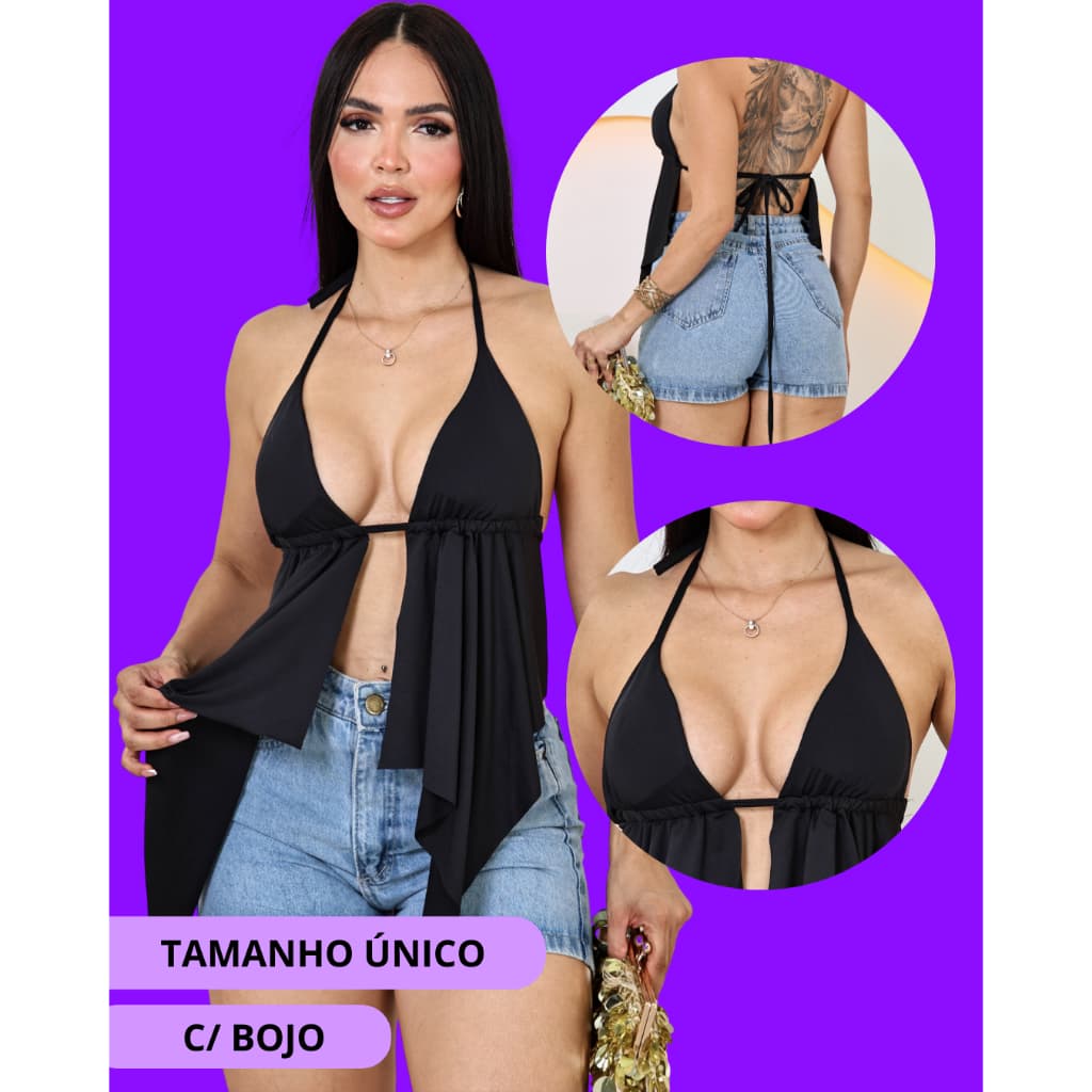 Blusa Cortininha Frente Única - tipo  Bata Babadinho - Costas Nua Tendência - Suplex - Tamanho único. C/ Bojo. C012