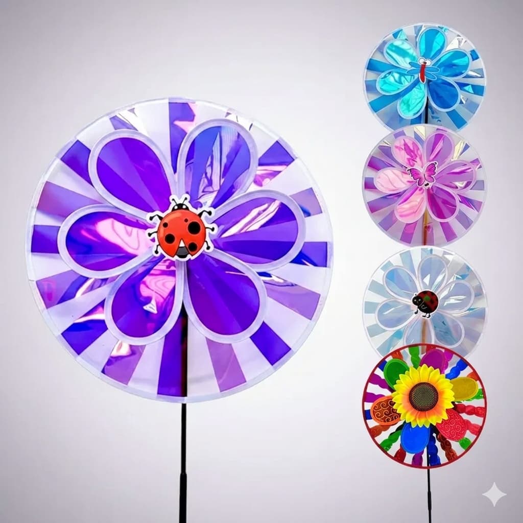 Cata-vento Colorido Refletivo Decoração Jardim Varanda Brilhante Catavento 2 Camadas Inseto