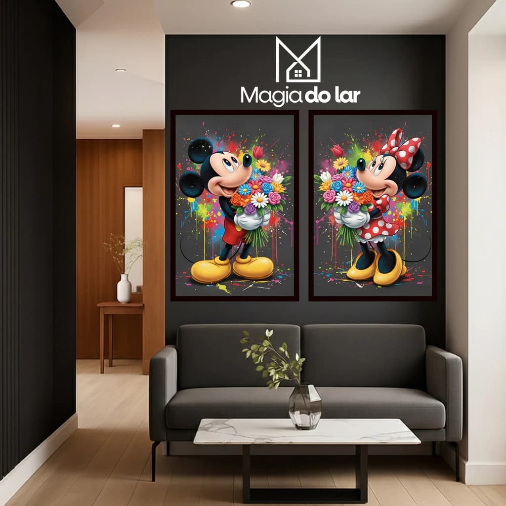 Kit 2 Quadros Decorativos Cartoon Casal Arte Pop Retrô Preto Branco Colorido Decoração Quarto Infantil Sala Geek Vintage