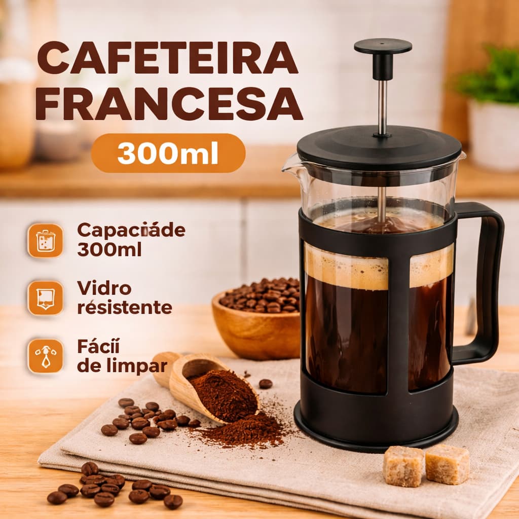 Cafeteira  Francesa 300ml  - Filtro Inox - Cafe Cha  Cremeira  Leite Espumado  - Moderna - Gourmet
