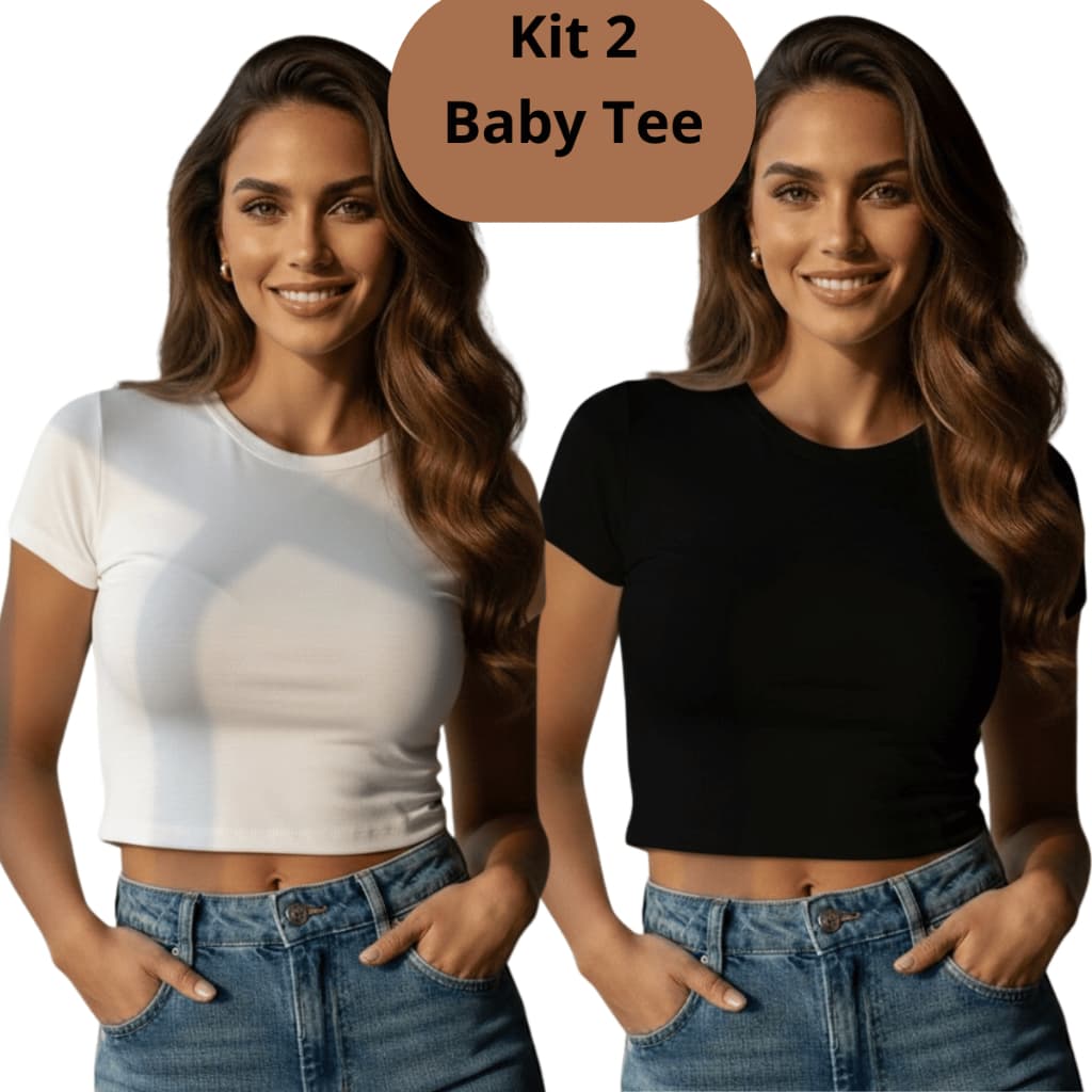 Kit 2 Baby Tee Liso Poliamida/Poliester Para academia-Festas Verão Forro Duplo Com Conforto Premium
