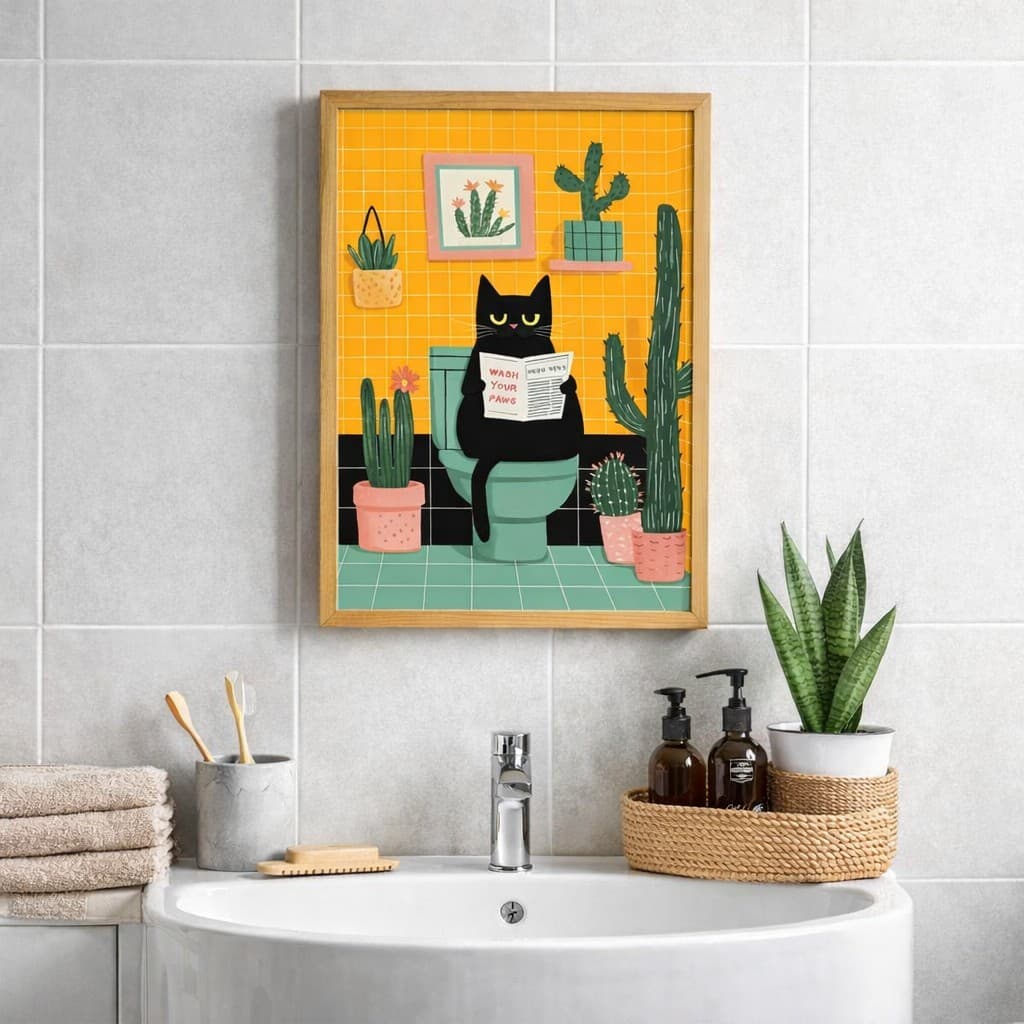 Quadro Decorativo Gato Preto no Banheiro – Arte Moderna Divertida para Banheiro, Sala ou Lavabo