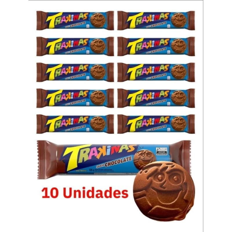 Biscoito rechado Trakinas Chocolate bolacha kit com 10 unidades Original