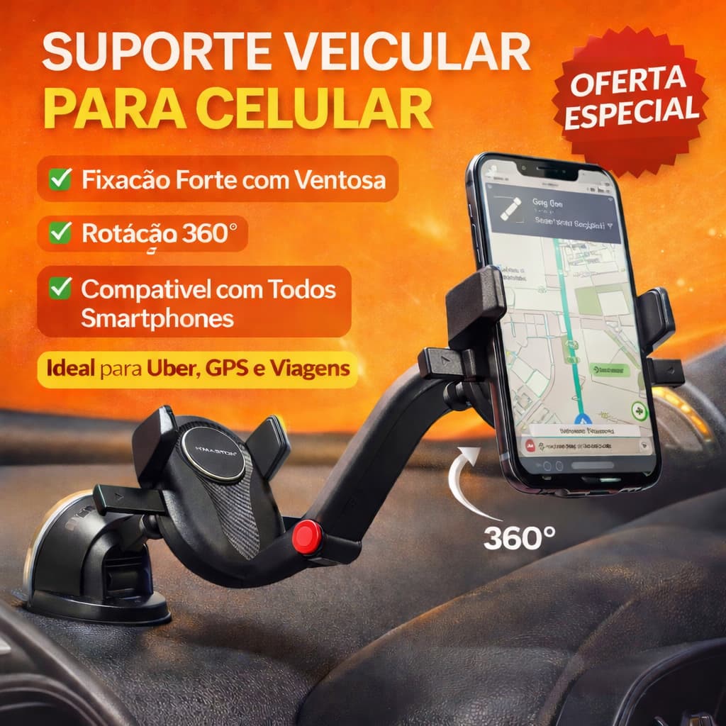 Suporte Veicular Para Celular Universal Ventosa Painel Parabrisa 360° Ajustável Porta Celular Carro Uber GPS