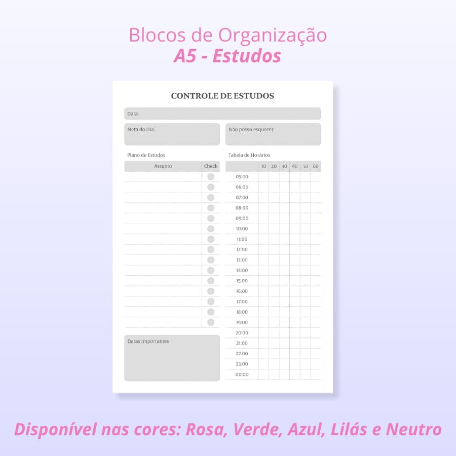 Bloco de Estudos, organização dos estudos, planner estudos blocado 14x21cm - 50 Paginas - Blocagem