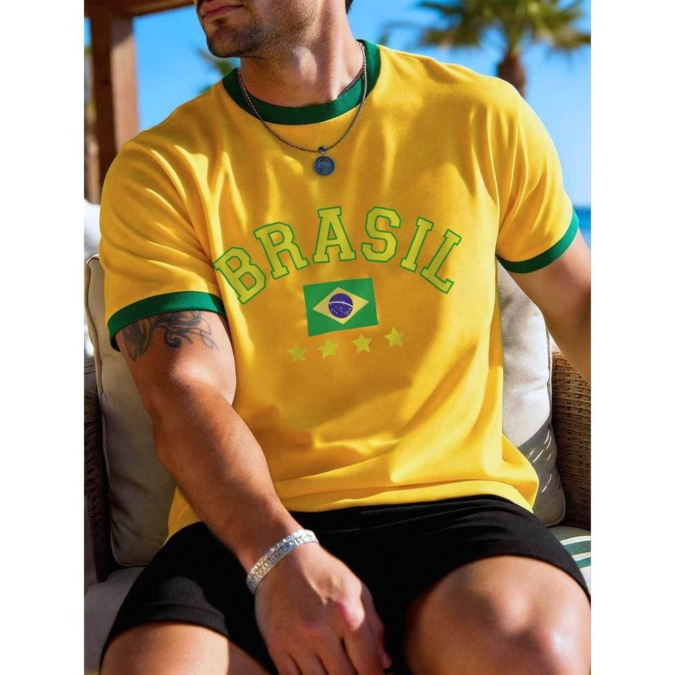 Camiseta Brasil Masculina Estilo Retrô Copa Futebol Amarelo Verde Streetwear