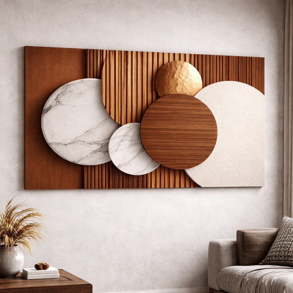 Quadro Decorativo Pintura Minimalista Círculos Geométricos Bege e Marrom Clean Luxo MDF Decoração