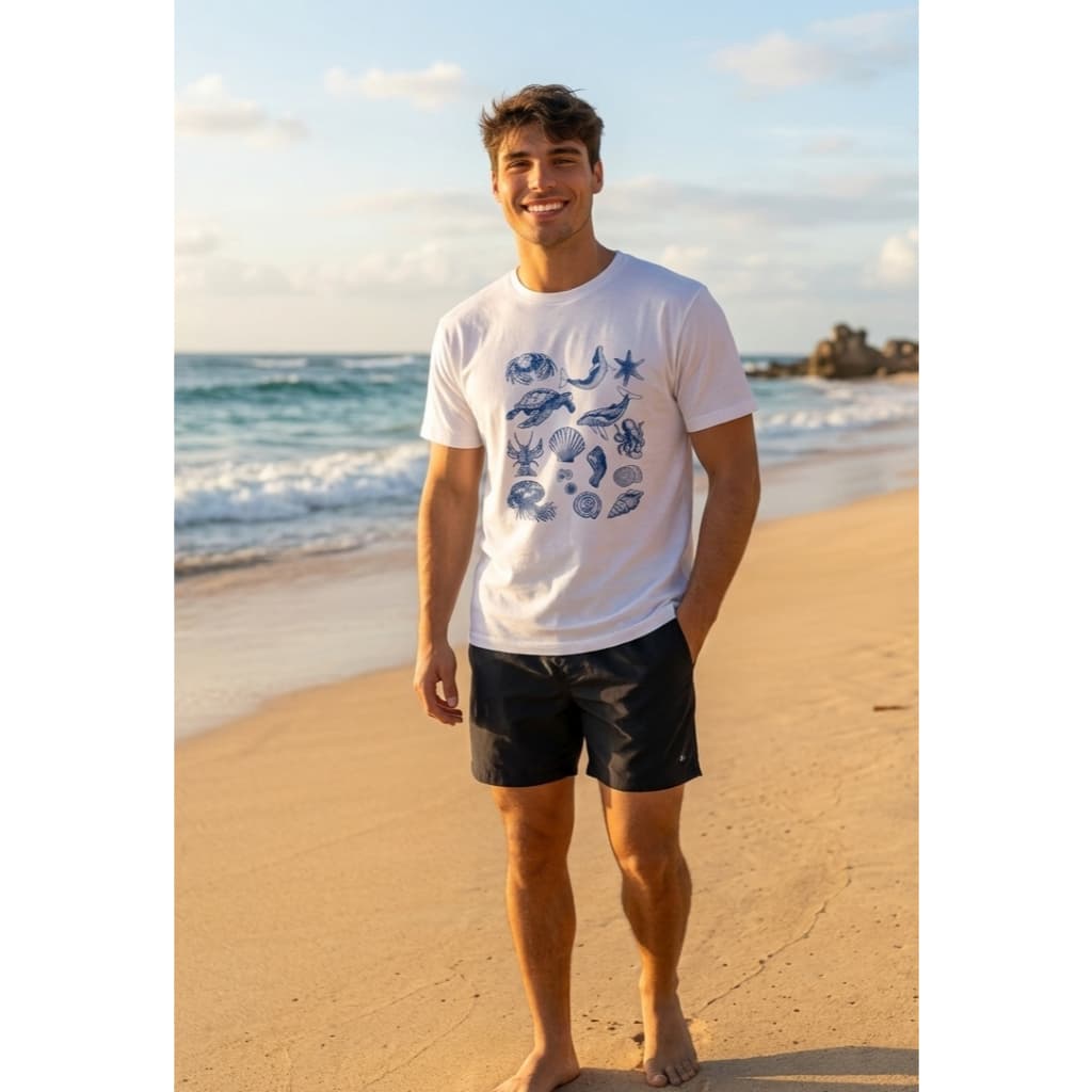 Camiseta Masculina Branca Estampada Fundo do Mar | Animais Marinhos | Camiseta Casual Masculina