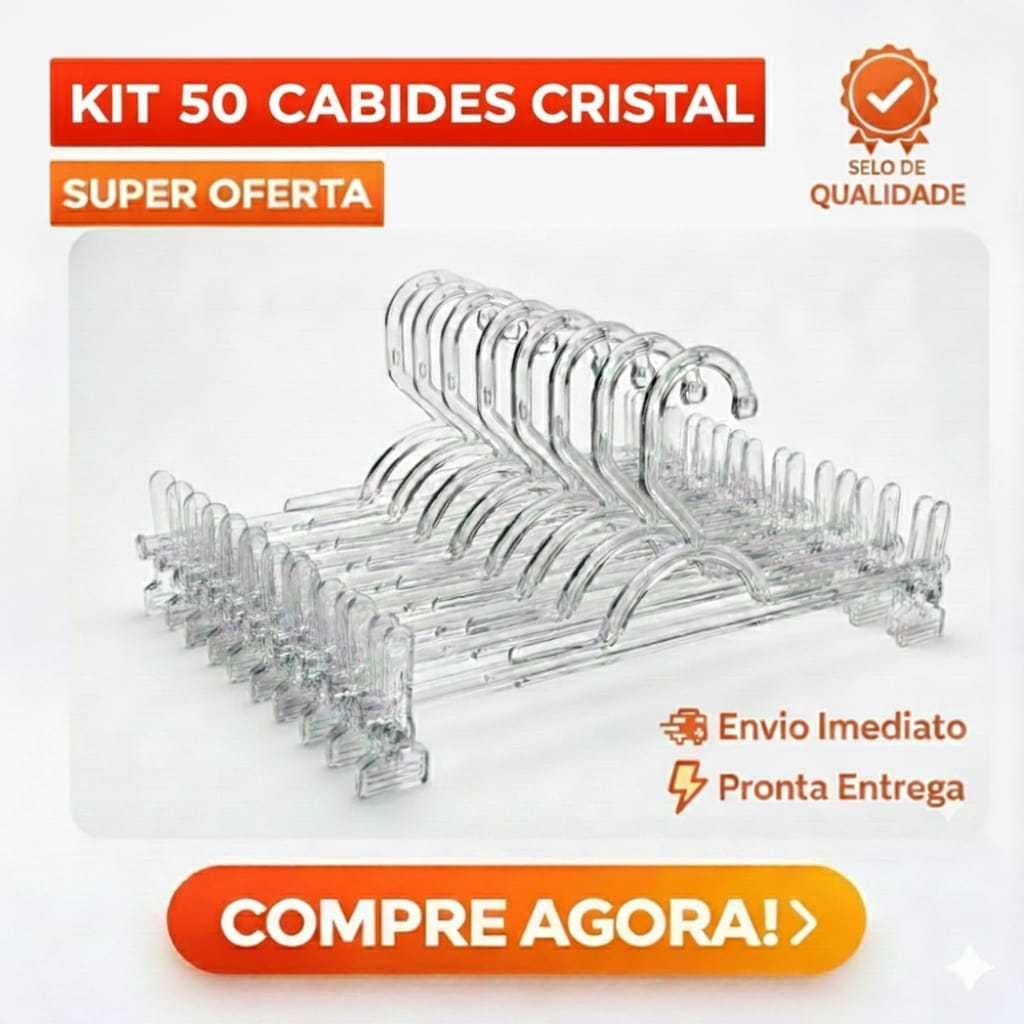 50 Cabide Acrílico Cristal 100 Presilhas Adulto Resistente Slim para Closet ou Lojas