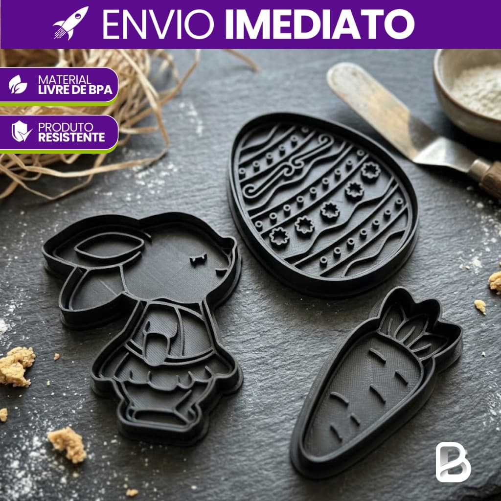 Kit 3 Cortadores Biscoito Páscoa Coelho Ovo Cenoura Carimbo Marcador Confeitaria PLA Livre BPA
