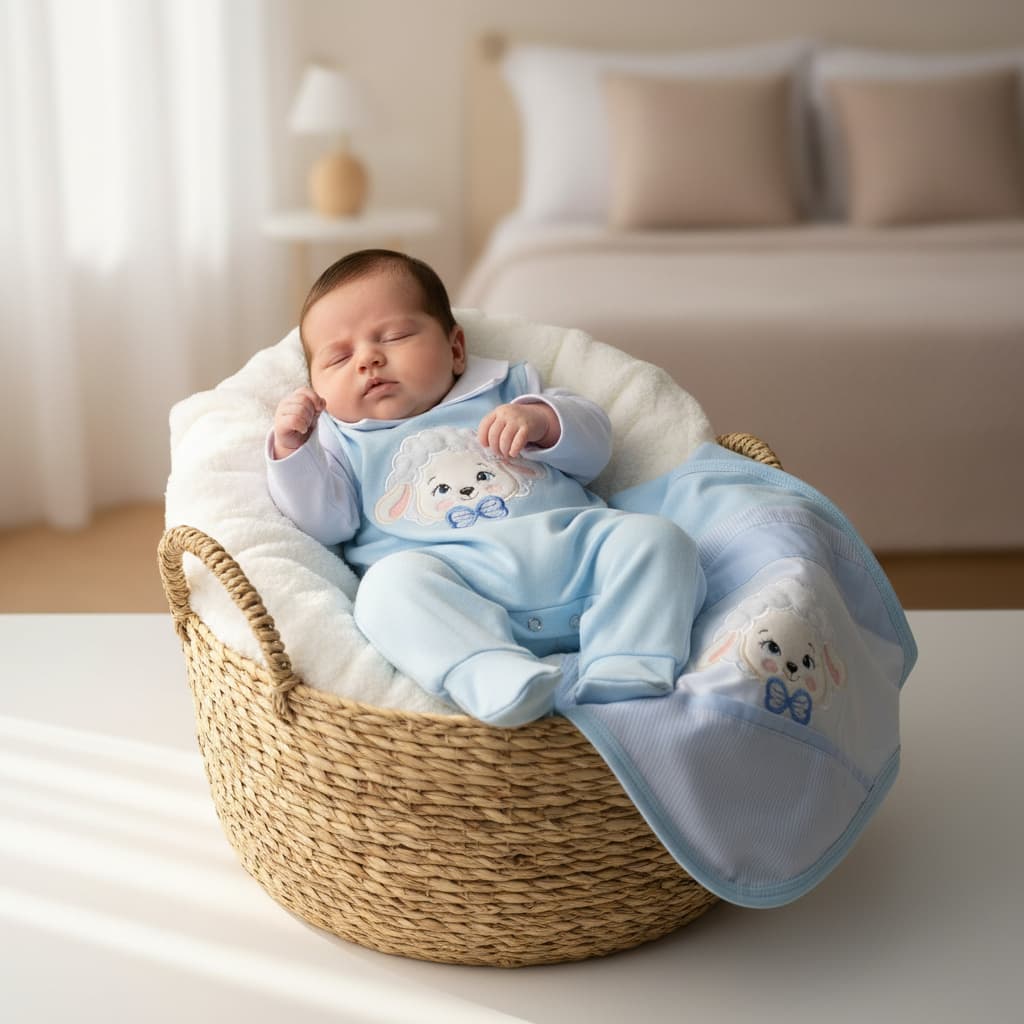 Saída de maternidade para Bebê Azul com Bordado de Ovelhinha – Macacão, Manta e Luvas