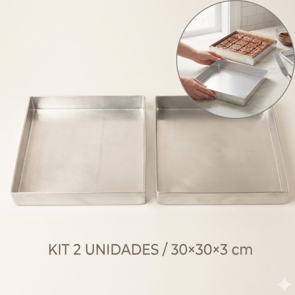 Kit 2 Formas Assadeira Quadrada Para Brownie 30x30x3 Cm