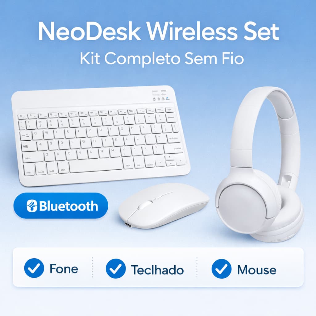 Kit Teclado Mouse Sem Fio + Fone Bluetooth | NeoDesk Wireless Set | Teclado ABNT2 |Notebook Tablet Celular | Home Office