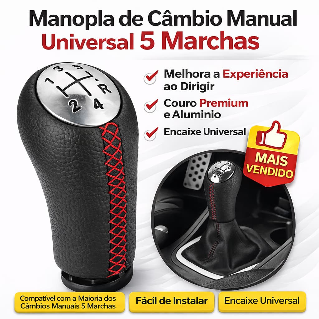 Manopla/Bola câmbio marcha universal para carro, 5 vel. Preto linha vermelha ou Preto linha branca.