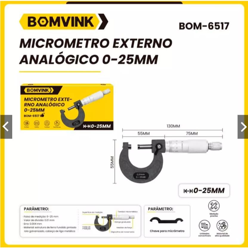 Micrometro De Precisão 0-25mm 0,01mm Ferro Fundido + Chave