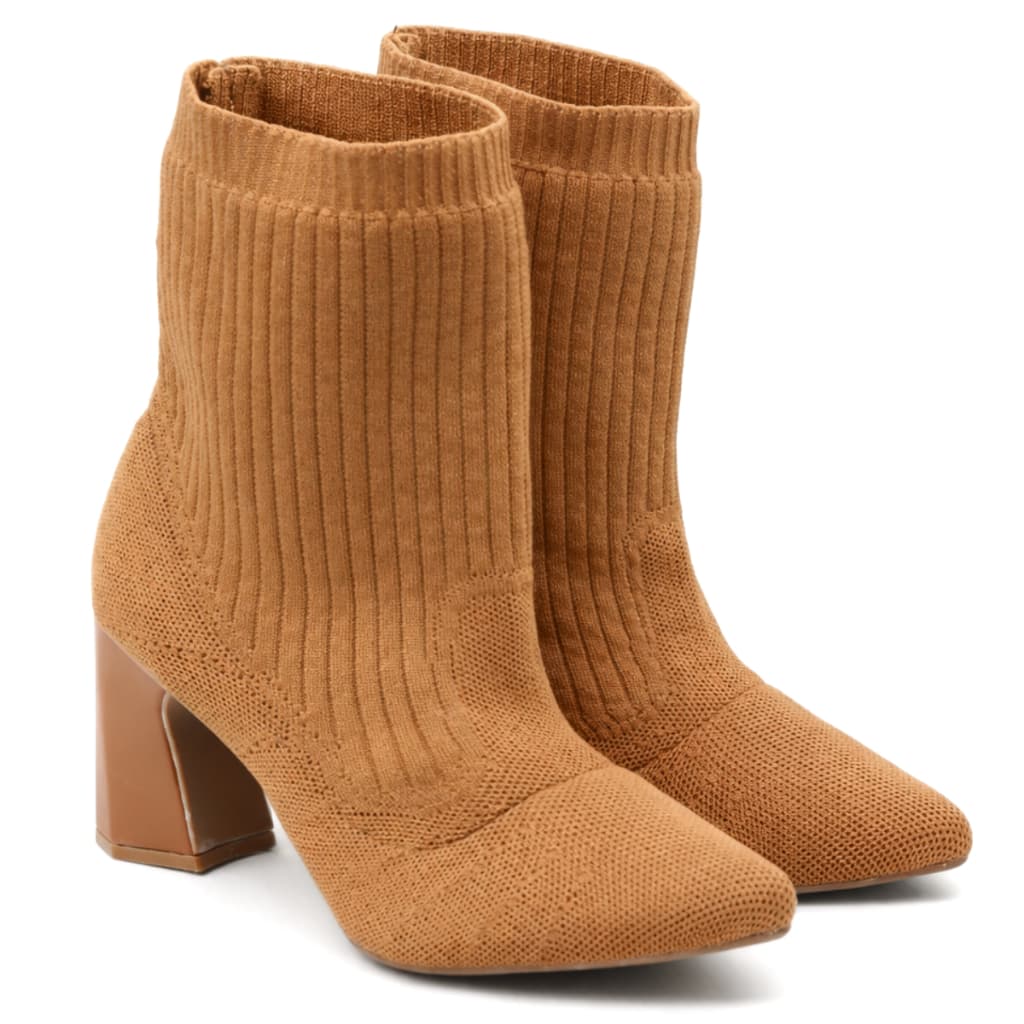 Bota Meia Cano Curto Feminina Alana Salto Alto Bico Fino Canela