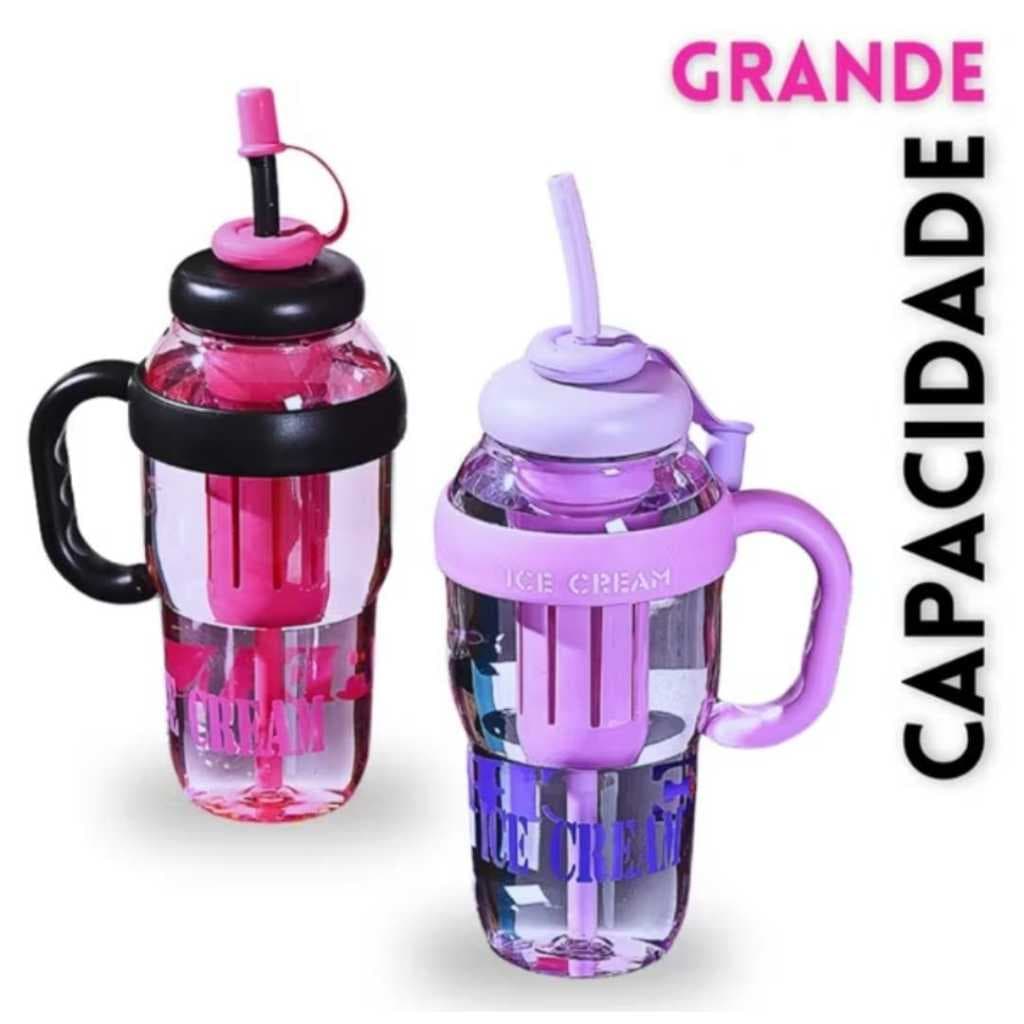 Garrafa Copo Ice Cream 1300ml com Canudo Copo Grande para Água Suco Chá Academia Tampa Vedada