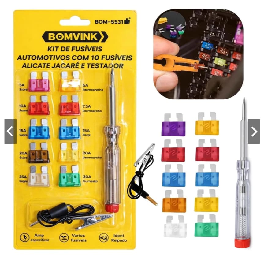 Kit Fusível Automotivo Lâmina Mini 12V 10 Pçs Chave Teste Carro Moto 5A 10A 15A 20A Universal