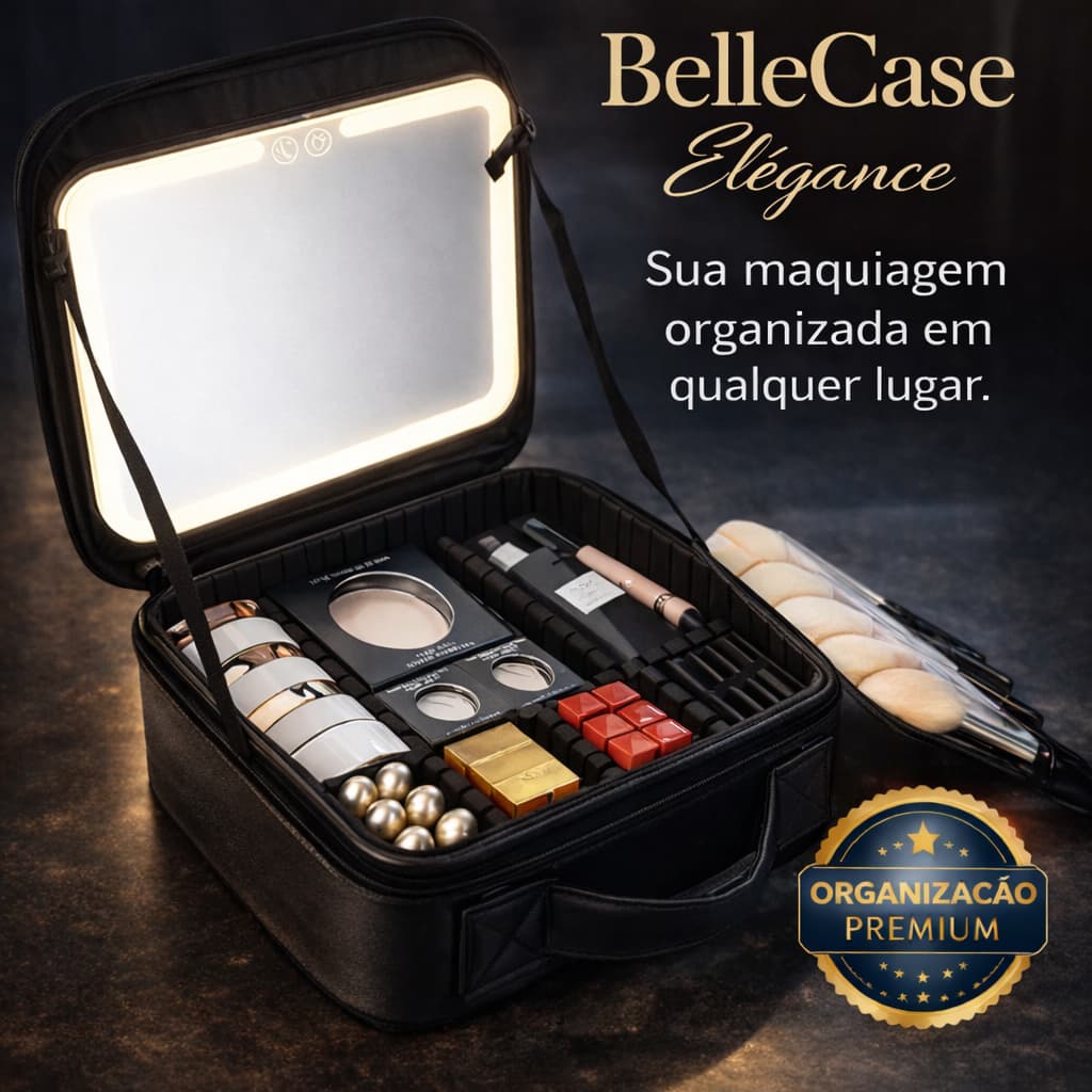 Maleta de Maquiagem Nécessaire com Espelho Portátil e Alça de Viagem | BelleCase Élégance ⭐ | Organizador de Maquiagem