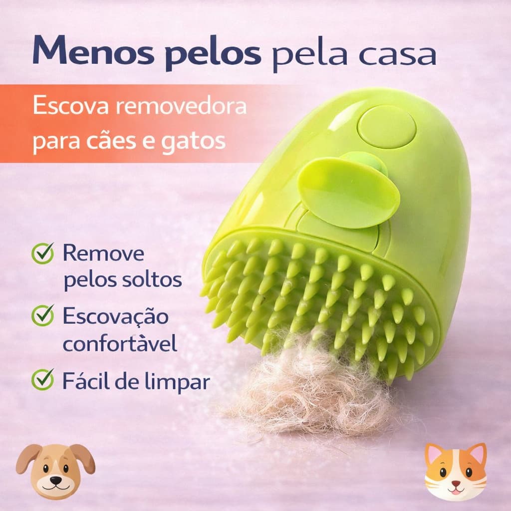 Escova Tira Pelo Vapor Recarregável USB 3 em 1 para Cães e Gatos Pente Elétrico Massagem Pet