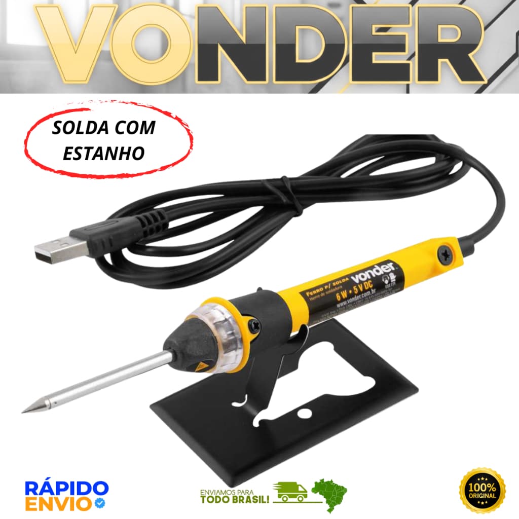 Ferro Para Solda Vonder 6W USB Solda Com Estanho Ponta Fina Resistente Oferta Premium Portátil